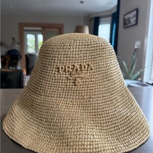 Prada Raffia Tan Woven Bucket Hat